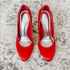 BCBG Hot Pink Satin Pumps with Silver Mirror Heel